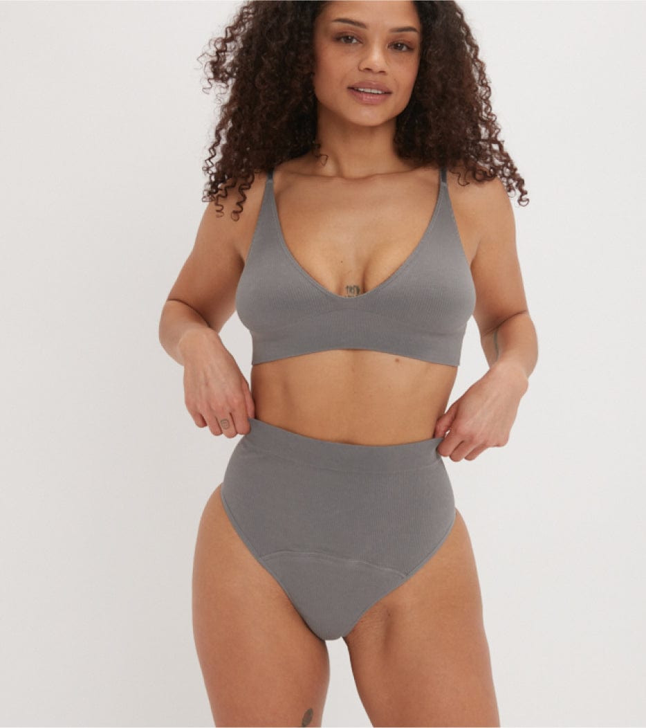 Seamless Ribbed High-Waist Thong - Grigio