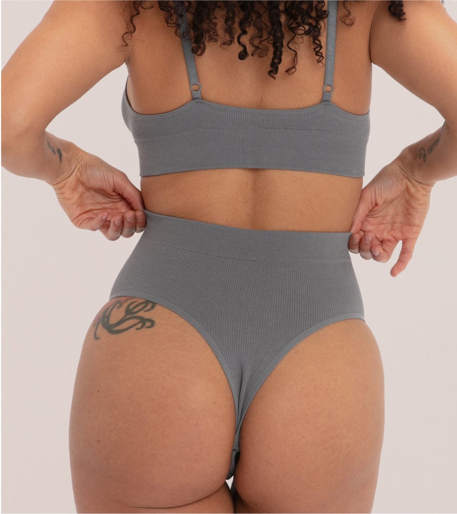 Seamless Ribbed High-Waist Thong - Gris